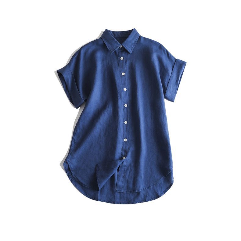 Button-Up Linen Shirt with Curved Hemline CRLinen1216-118