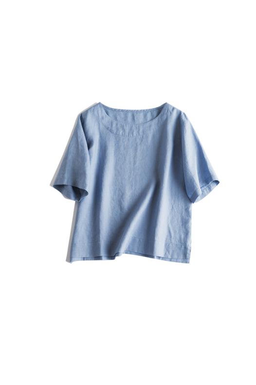 Premium 100% French Linen Short-Sleeve Round Neckline Tops CRLinen1124-021-KK025 D