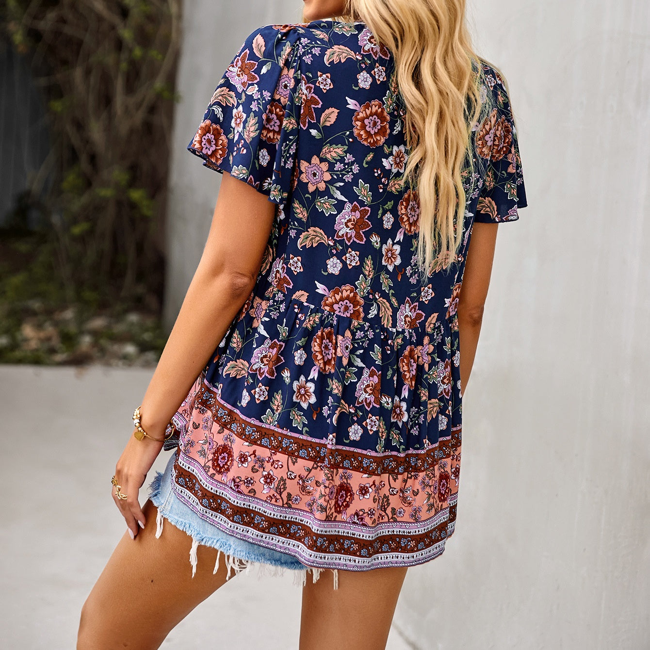 Eliana Boho V-neck Short Sleeves Floral Shirts Tops DYE040