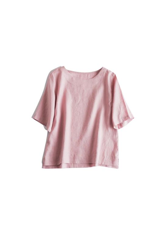 Premium 100% French Linen Short-Sleeve Round Neckline Tops CRLinen1124-021-KK025 D