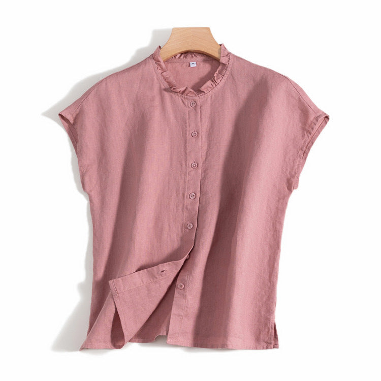 Casual Ruffle Neck Linen Blouse with Button-Up Design CRLinen1216-025