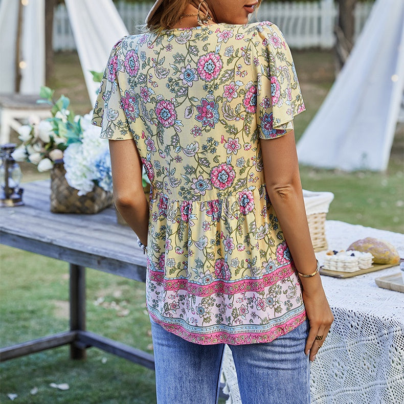 Eliana Boho V-neck Short Sleeves Floral Shirts Tops DYE040