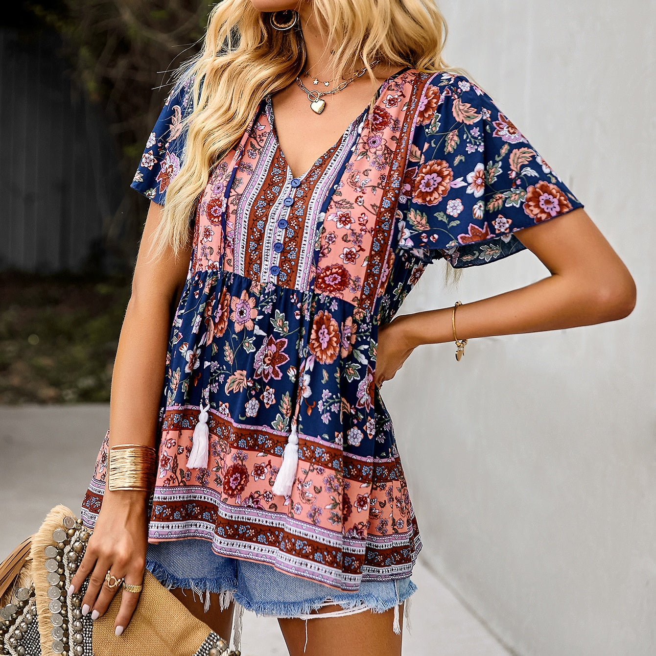 Eliana Boho V-neck Short Sleeves Floral Shirts Tops DYE040