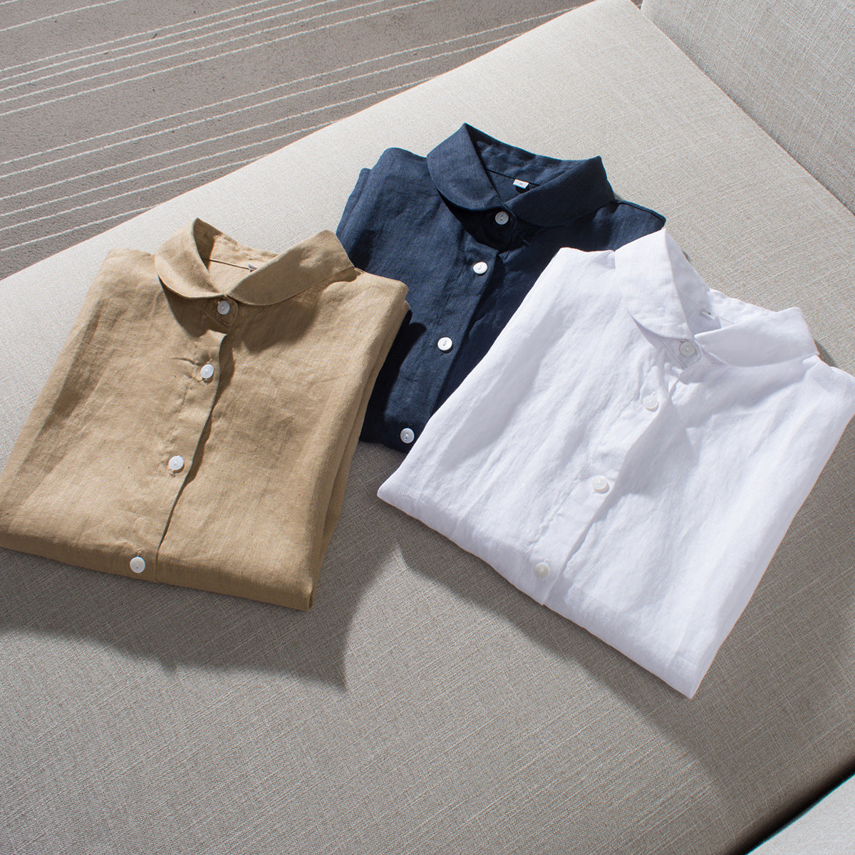Premium 100% French Linen Button-Up Round Neckline Shirt CRLinen1124-001- KK20  DD8