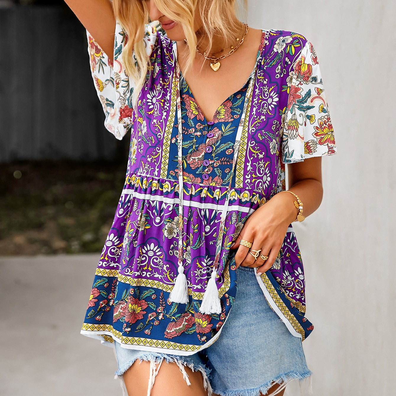 Eliana Boho V-neck Short Sleeves Floral Shirts Tops DYE040