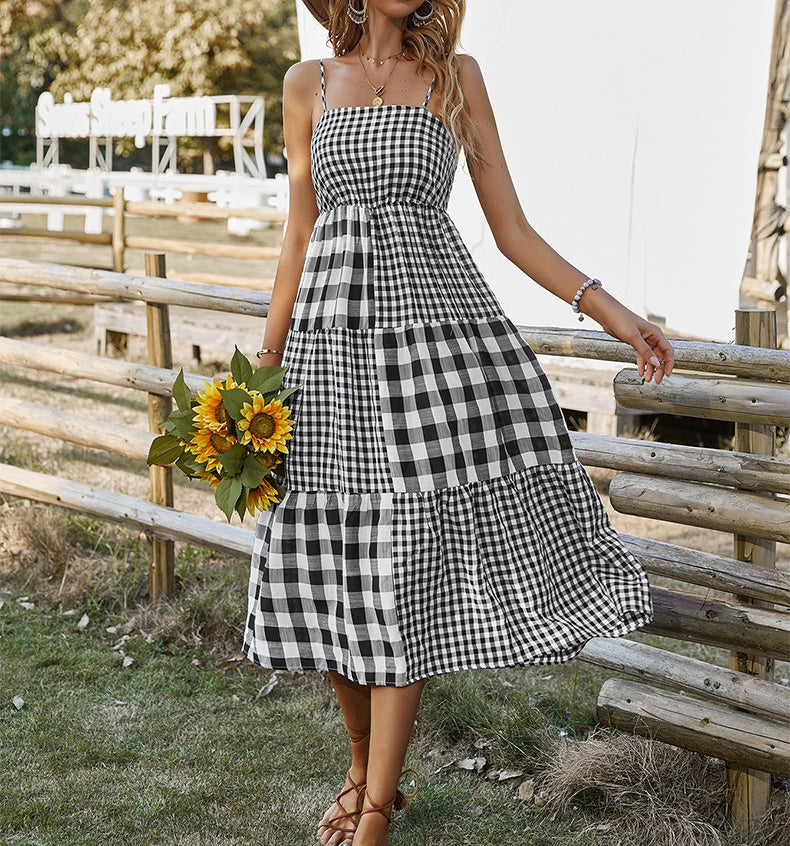 Elena Bohemian Plaid Spaghetti Strap Maxi Dress