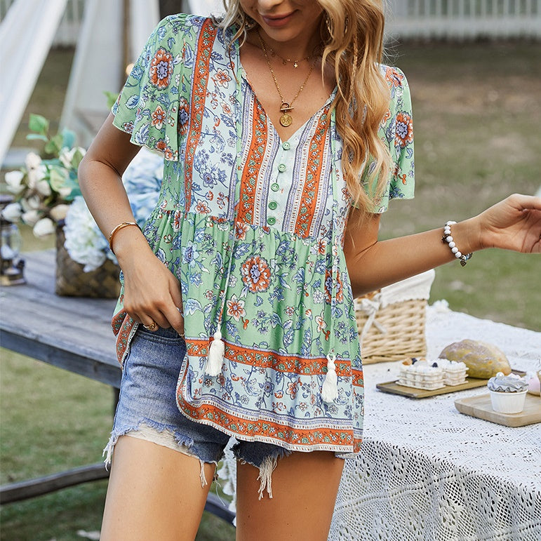 Eliana Boho V-neck Short Sleeves Floral Shirts Tops DYE040