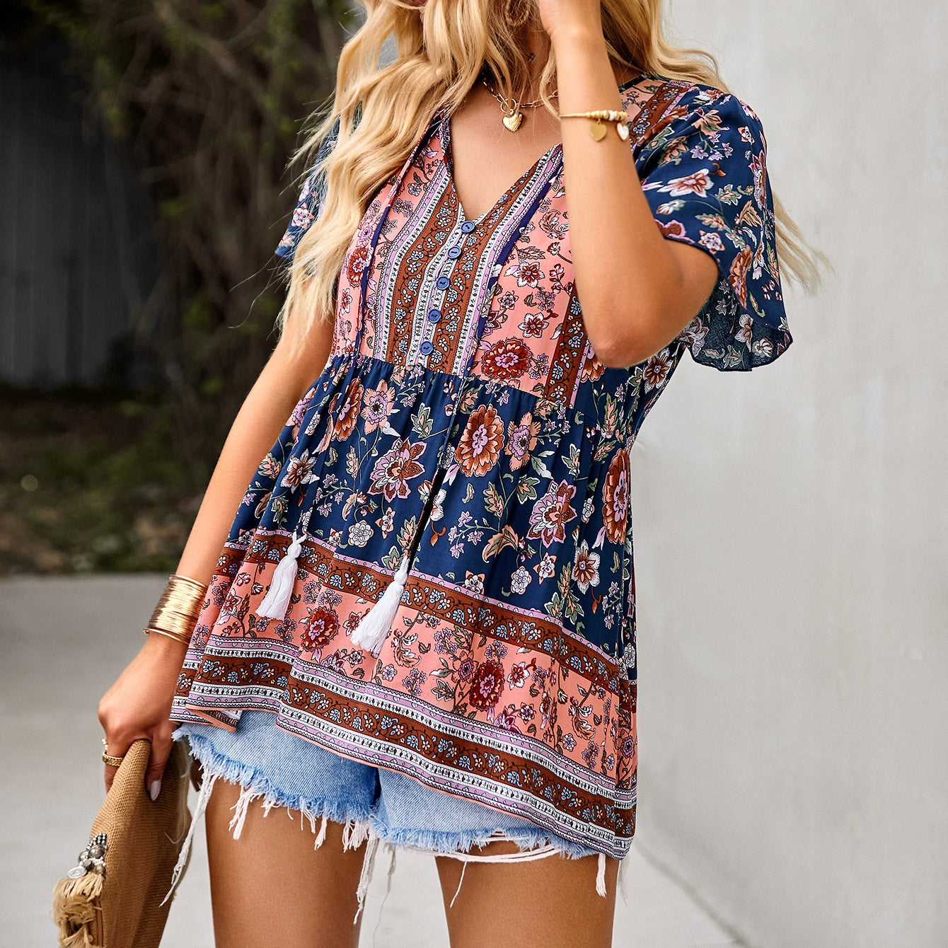 Eliana Boho V-neck Short Sleeves Floral Shirts Tops DYE040