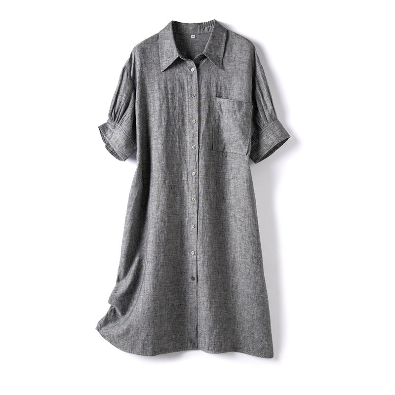 Button-Up Midi Shirt Dress with Half Sleeves CRLinen1216-010