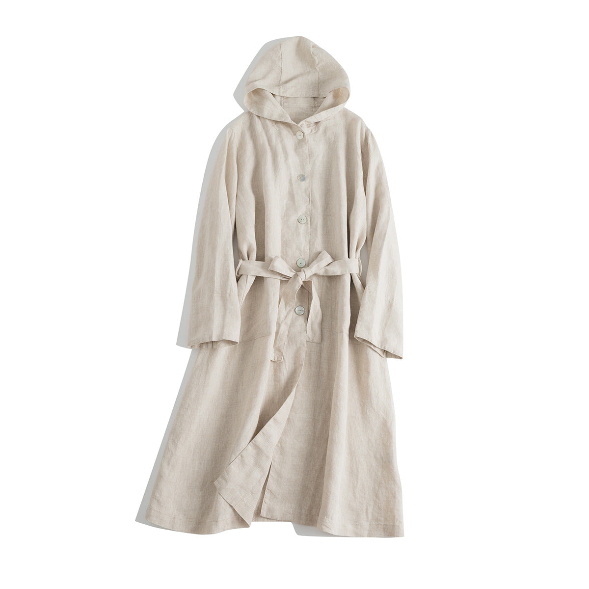 Casual Hooded Buttoned Long Coat with Belt CRLinen1216-117