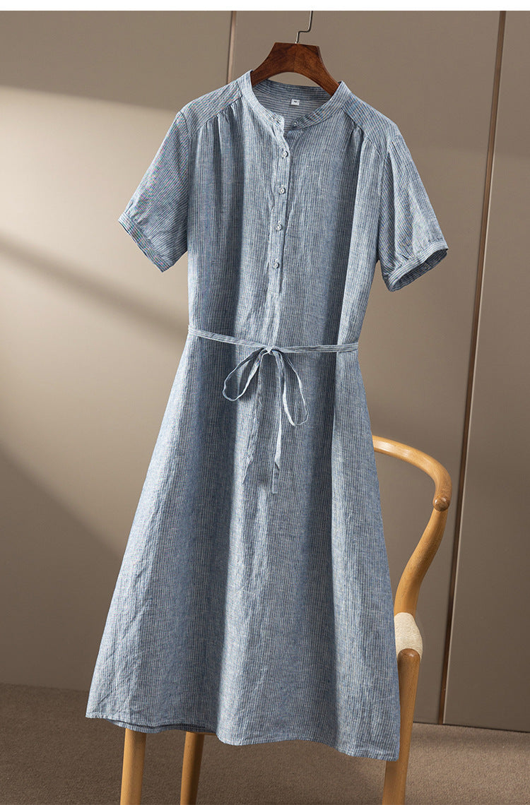 Casual Linen Short Sleeve Dress with Waist Tie CRLinen1216-103