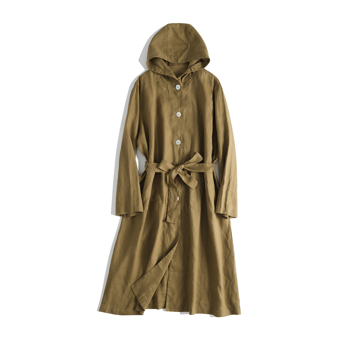 Casual Hooded Buttoned Long Coat with Belt CRLinen1216-117