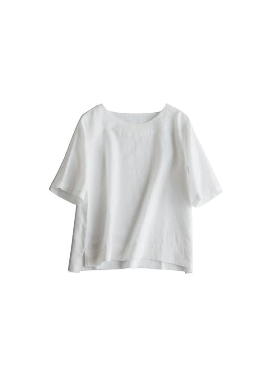 Premium 100% French Linen Short-Sleeve Round Neckline Tops CRLinen1124-021-KK025 D
