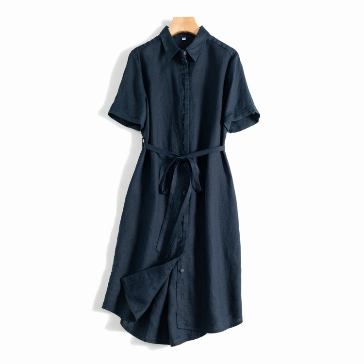 Button-Up Belted Linen Midi Dress CRLinen1216-085