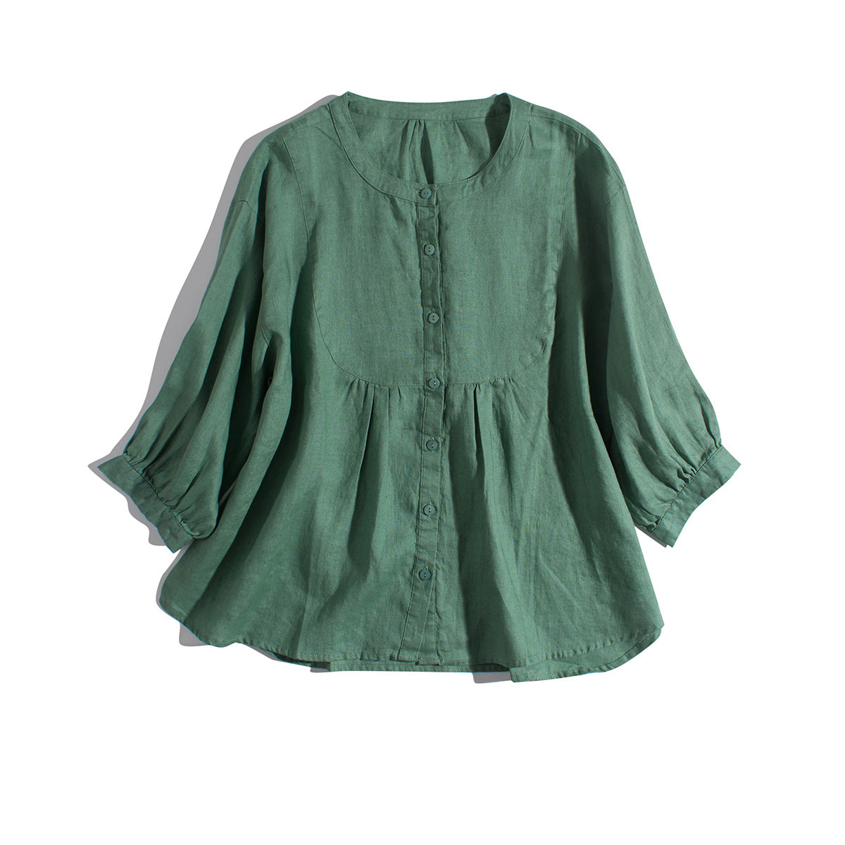 Button-Up Linen Blouse with Puff Sleeves CRLinen1216-002