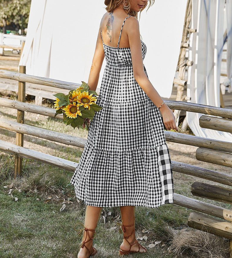 Elena Bohemian Plaid Spaghetti Strap Maxi Dress