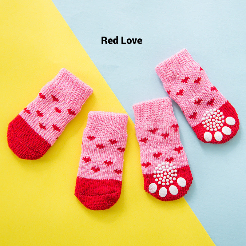 4 PCs Cute Cartoon Pet Socks – Four Seasons Knitted Non-Slip Cotton Socks for Dogs & Cats