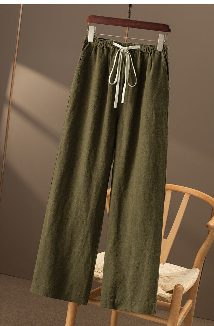 Casual Loose Linen Wide-Leg Pants with Drawstring Waist CRLinen1216-095