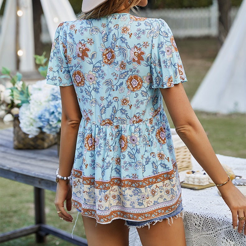 Eliana Boho V-neck Short Sleeves Floral Shirts Tops DYE040