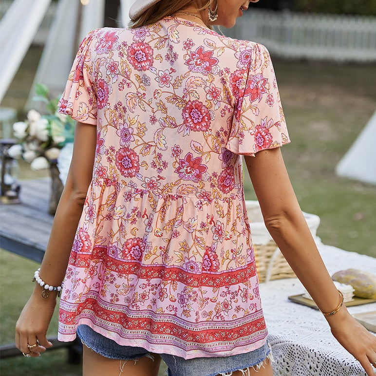 Eliana Boho V-neck Short Sleeves Floral Shirts Tops DYE040