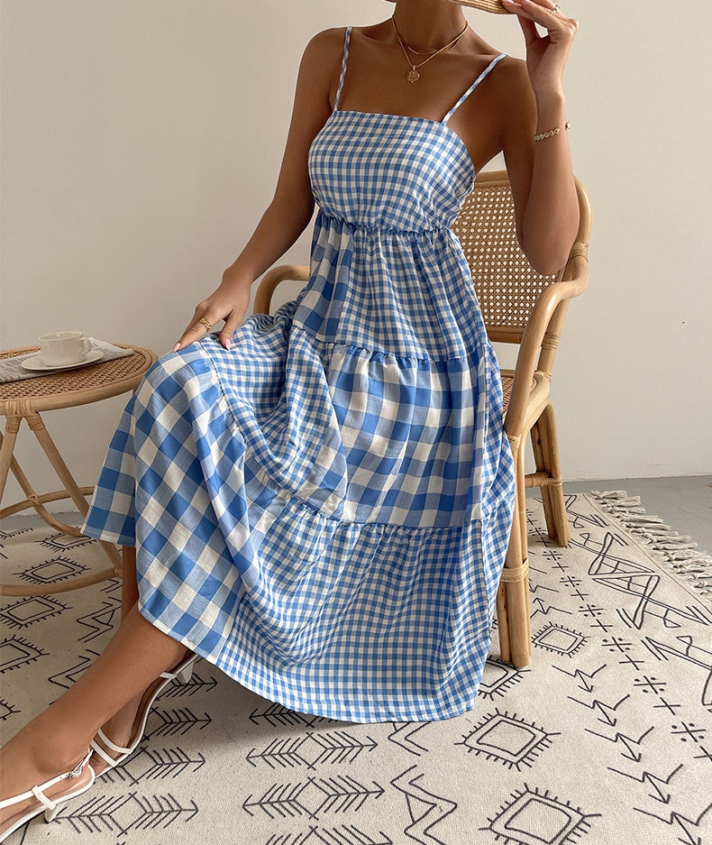 Elena Bohemian Plaid Spaghetti Strap Maxi Dress