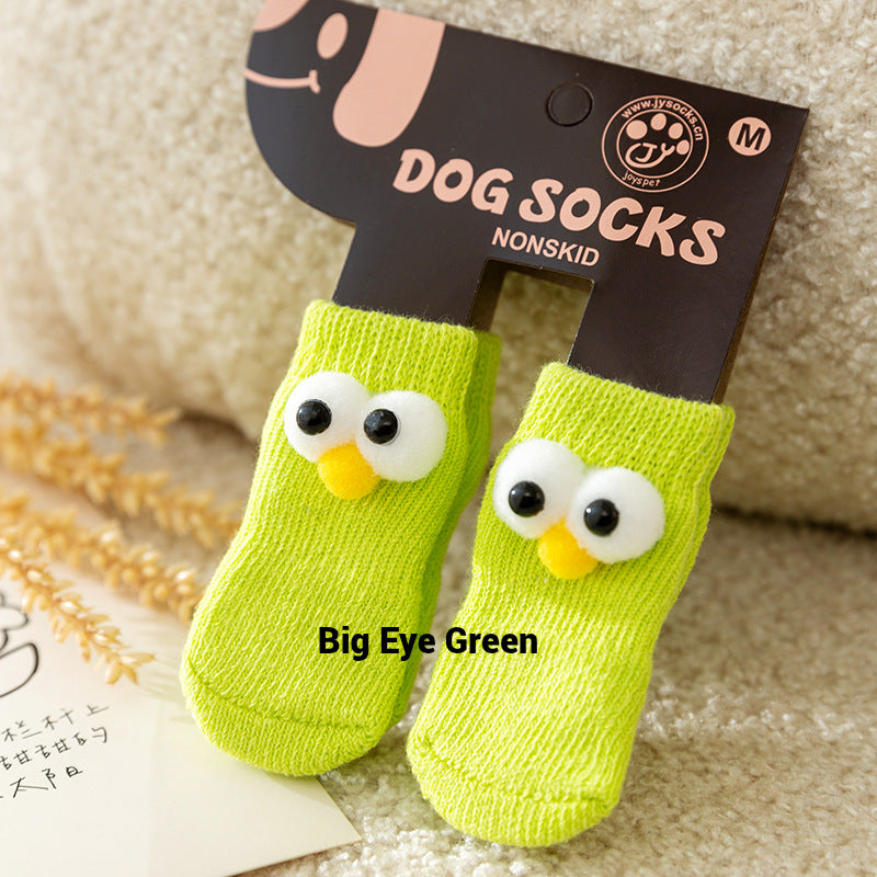 4 PCs Cute Cartoon Pet Socks – Four Seasons Knitted Non-Slip Cotton Socks for Dogs & Cats