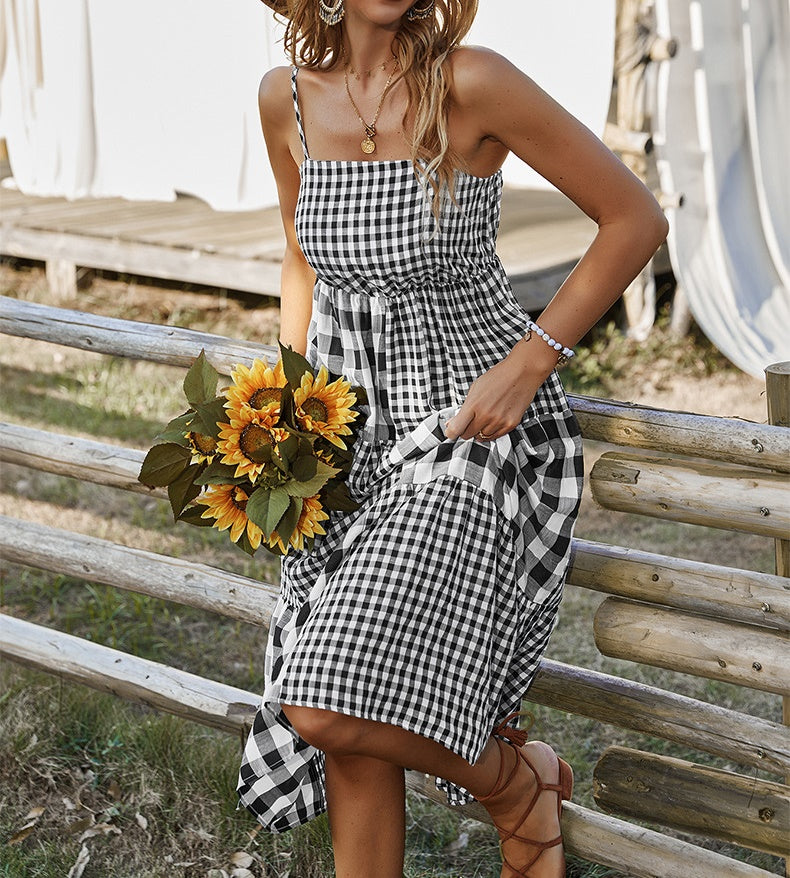 Elena Bohemian Plaid Spaghetti Strap Maxi Dress