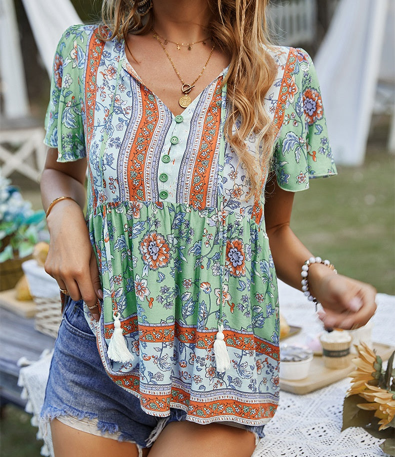 Eliana Boho V-neck Short Sleeves Floral Shirts Tops DYE040