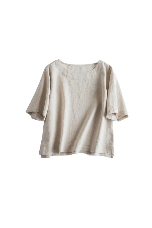 Premium 100% French Linen Short-Sleeve Round Neckline Tops CRLinen1124-021-KK025 D