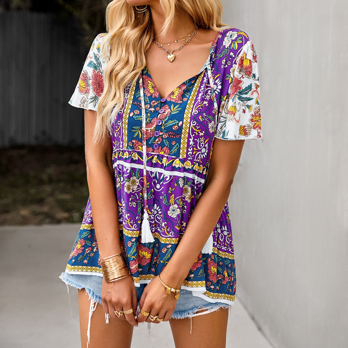 Eliana Boho V-neck Short Sleeves Floral Shirts Tops DYE040