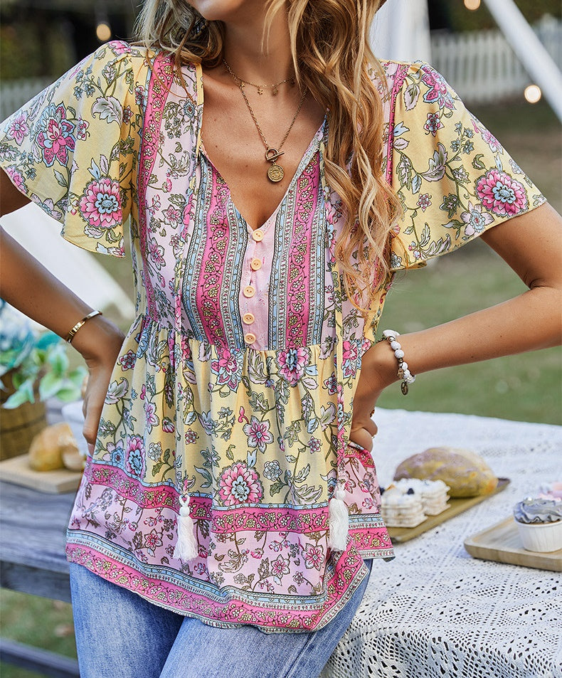 Eliana Boho V-neck Short Sleeves Floral Shirts Tops DYE040