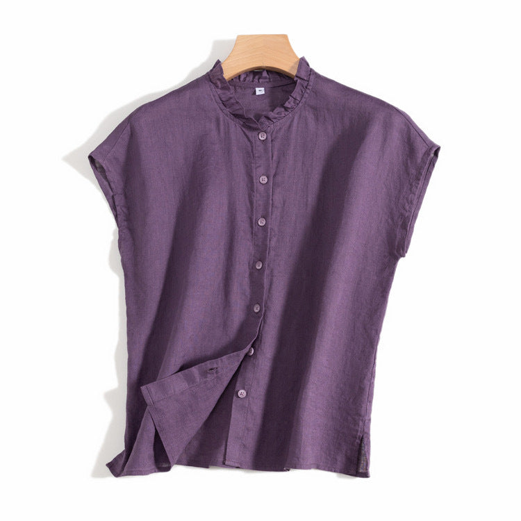 Casual Ruffle Neck Linen Blouse with Button-Up Design CRLinen1216-025