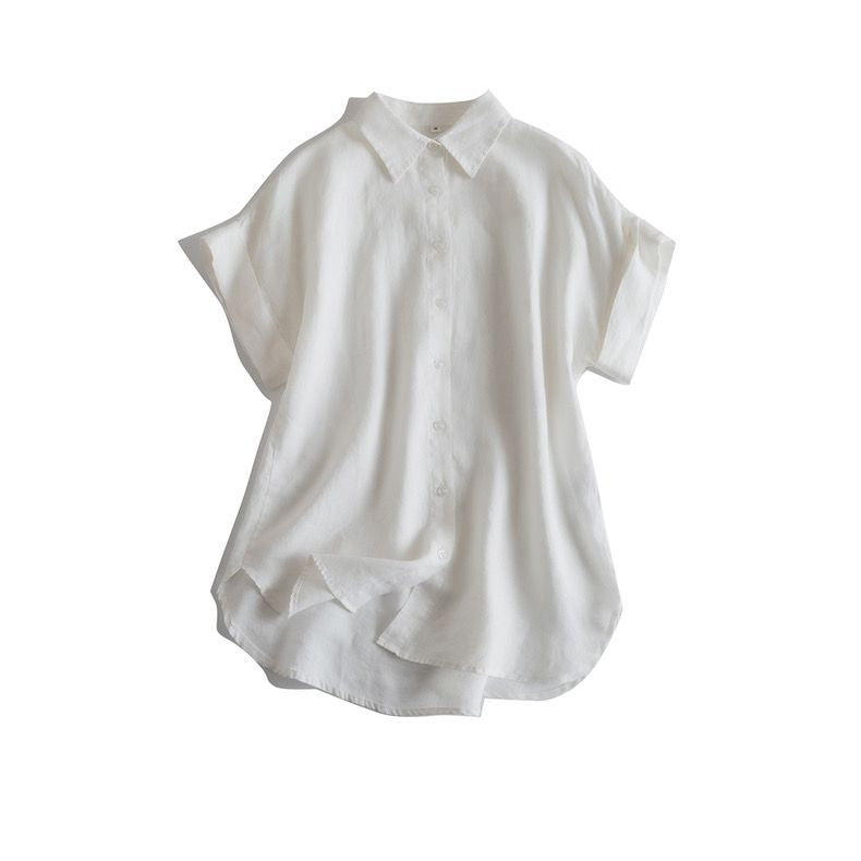 Button-Up Linen Shirt with Curved Hemline CRLinen1216-118