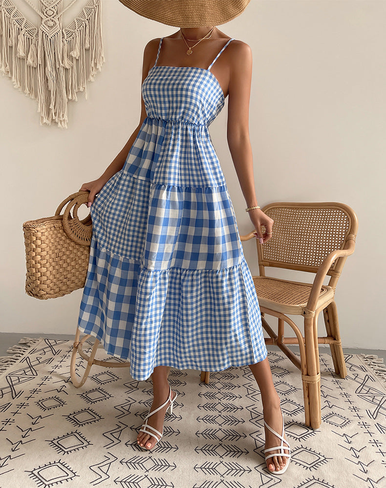 Elena Bohemian Plaid Spaghetti Strap Maxi Dress