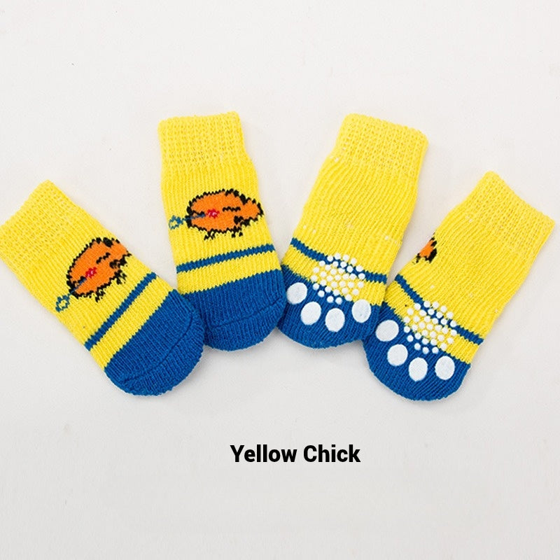 4 PCs Cute Cartoon Pet Socks – Four Seasons Knitted Non-Slip Cotton Socks for Dogs & Cats