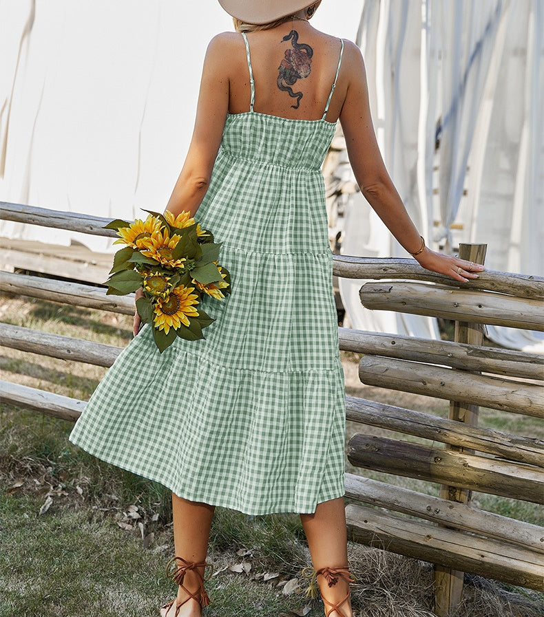 Elena Bohemian Plaid Spaghetti Strap Maxi Dress