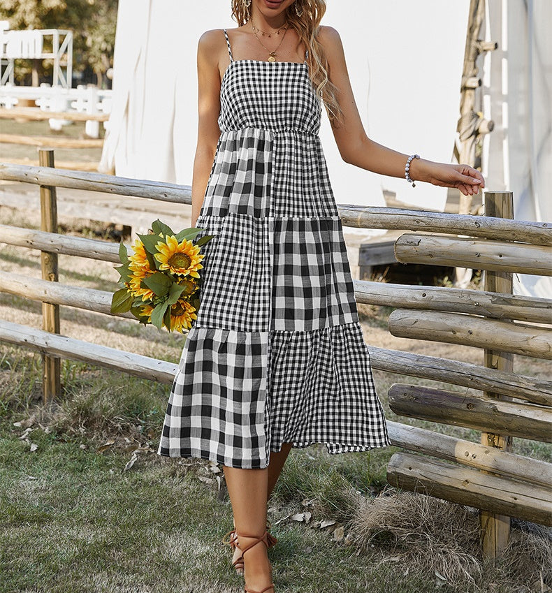 Elena Bohemian Plaid Spaghetti Strap Maxi Dress