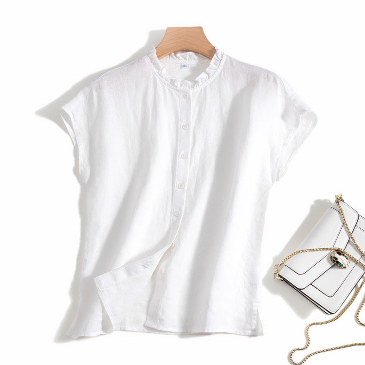 Casual Ruffle Neck Linen Blouse with Button-Up Design CRLinen1216-025