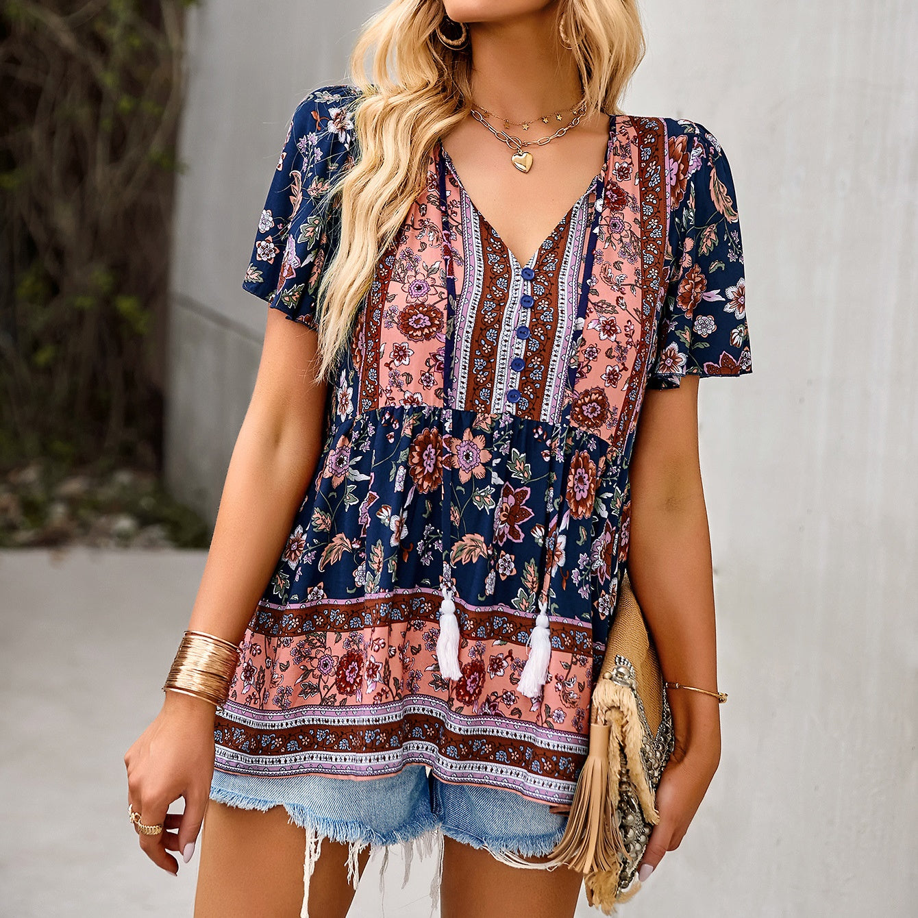 Eliana Boho V-neck Short Sleeves Floral Shirts Tops DYE040