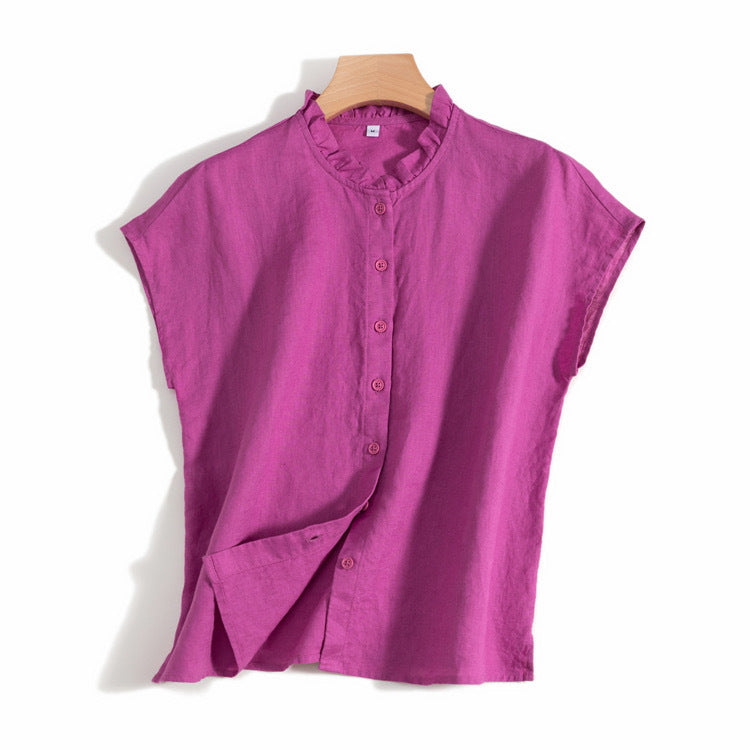 Casual Ruffle Neck Linen Blouse with Button-Up Design CRLinen1216-025