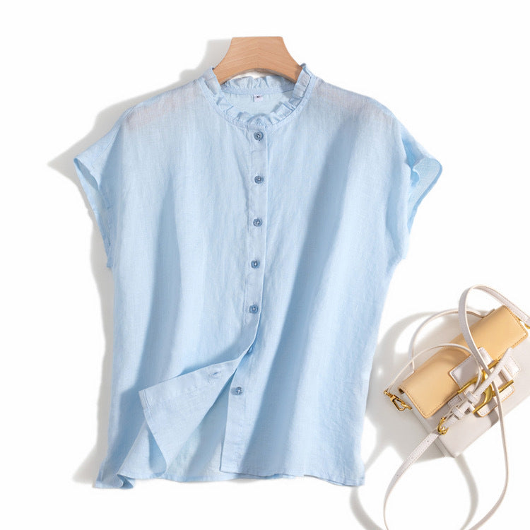 Casual Ruffle Neck Linen Blouse with Button-Up Design CRLinen1216-025