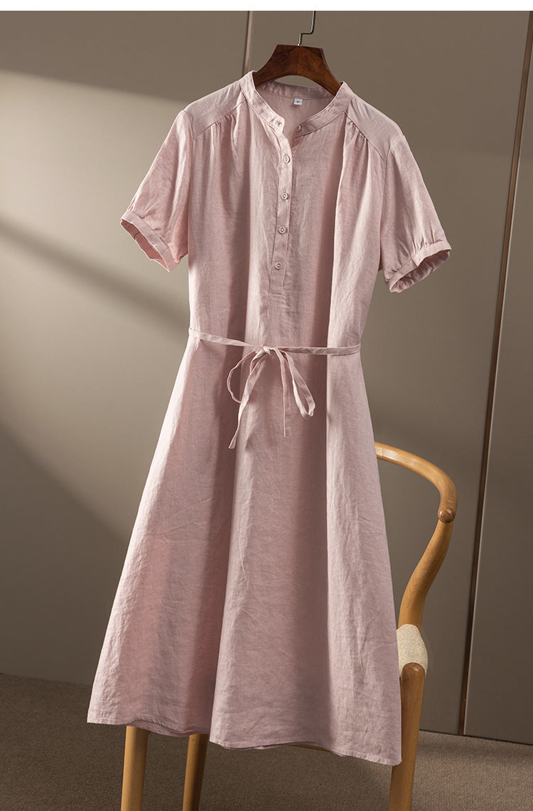 Casual Linen Short Sleeve Dress with Waist Tie CRLinen1216-103