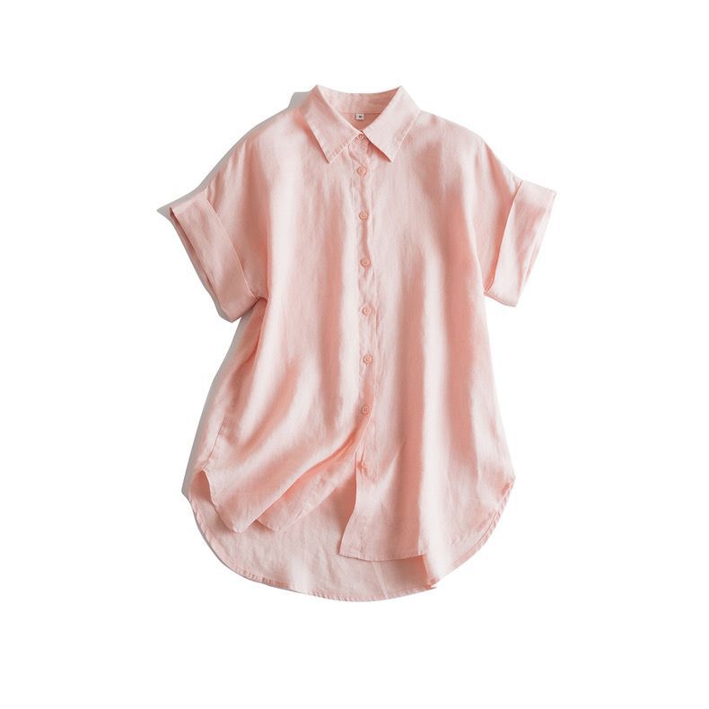 Button-Up Linen Shirt with Curved Hemline CRLinen1216-118
