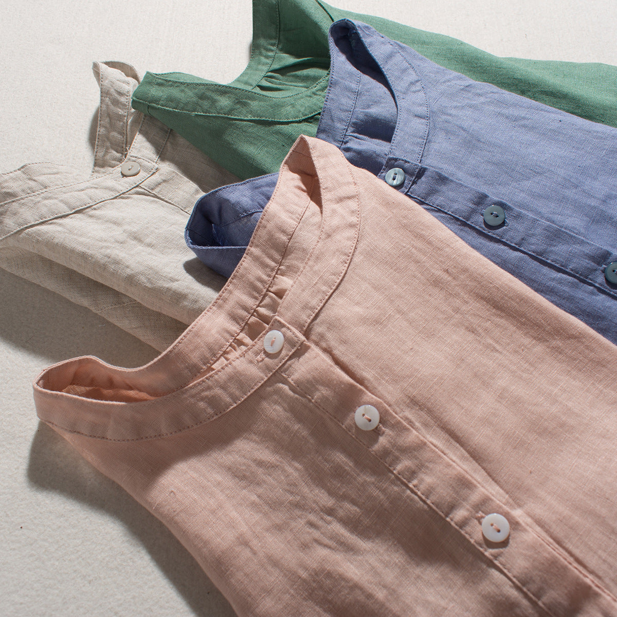 Button-Up Linen Blouse with Puff Sleeves CRLinen1216-002
