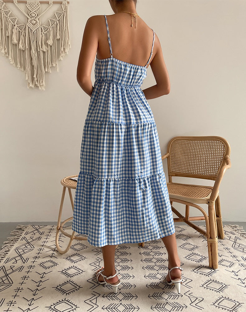 Elena Bohemian Plaid Spaghetti Strap Maxi Dress