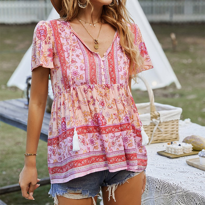 Eliana Boho V-neck Short Sleeves Floral Shirts Tops DYE040