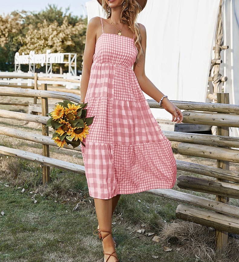 Elena Bohemian Plaid Spaghetti Strap Maxi Dress