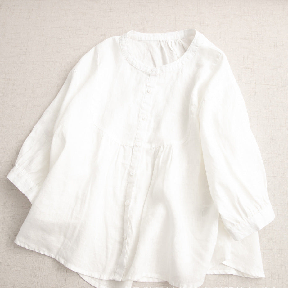 Button-Up Linen Blouse with Puff Sleeves CRLinen1216-002