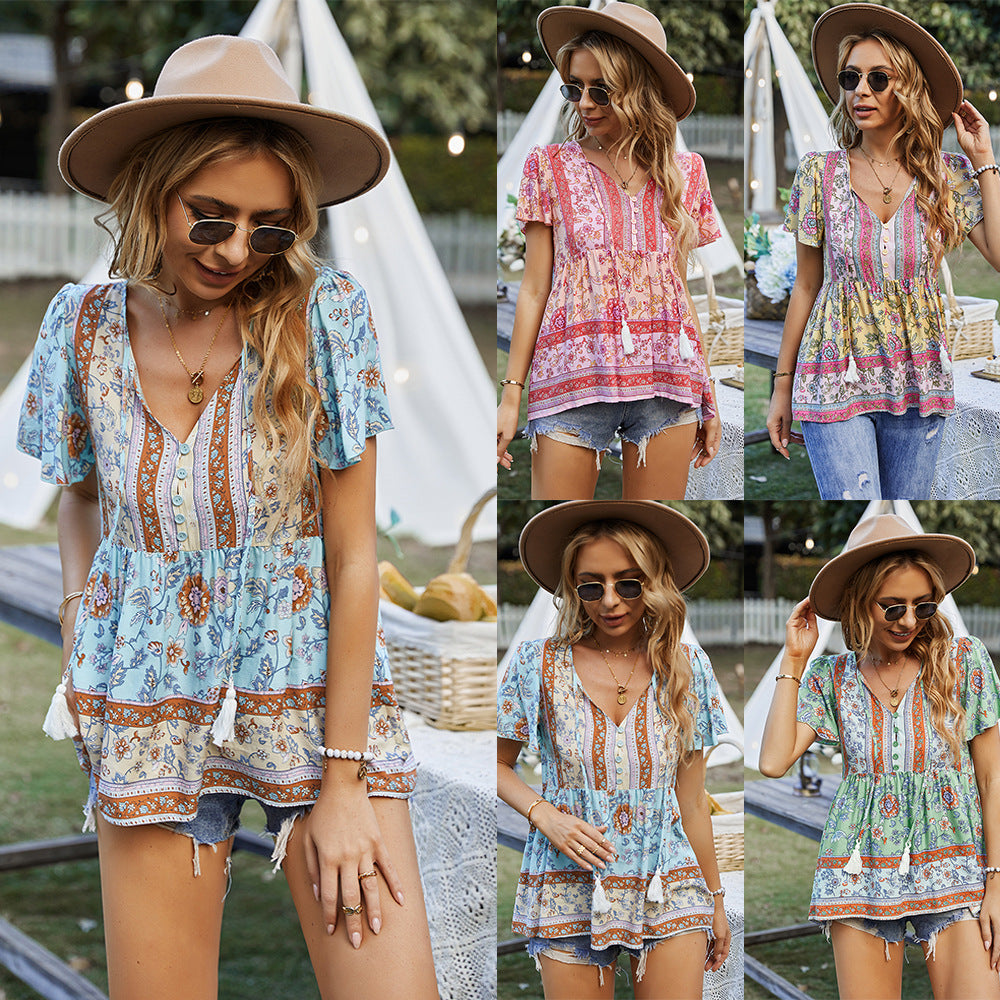 Eliana Boho V-neck Short Sleeves Floral Shirts Tops DYE040