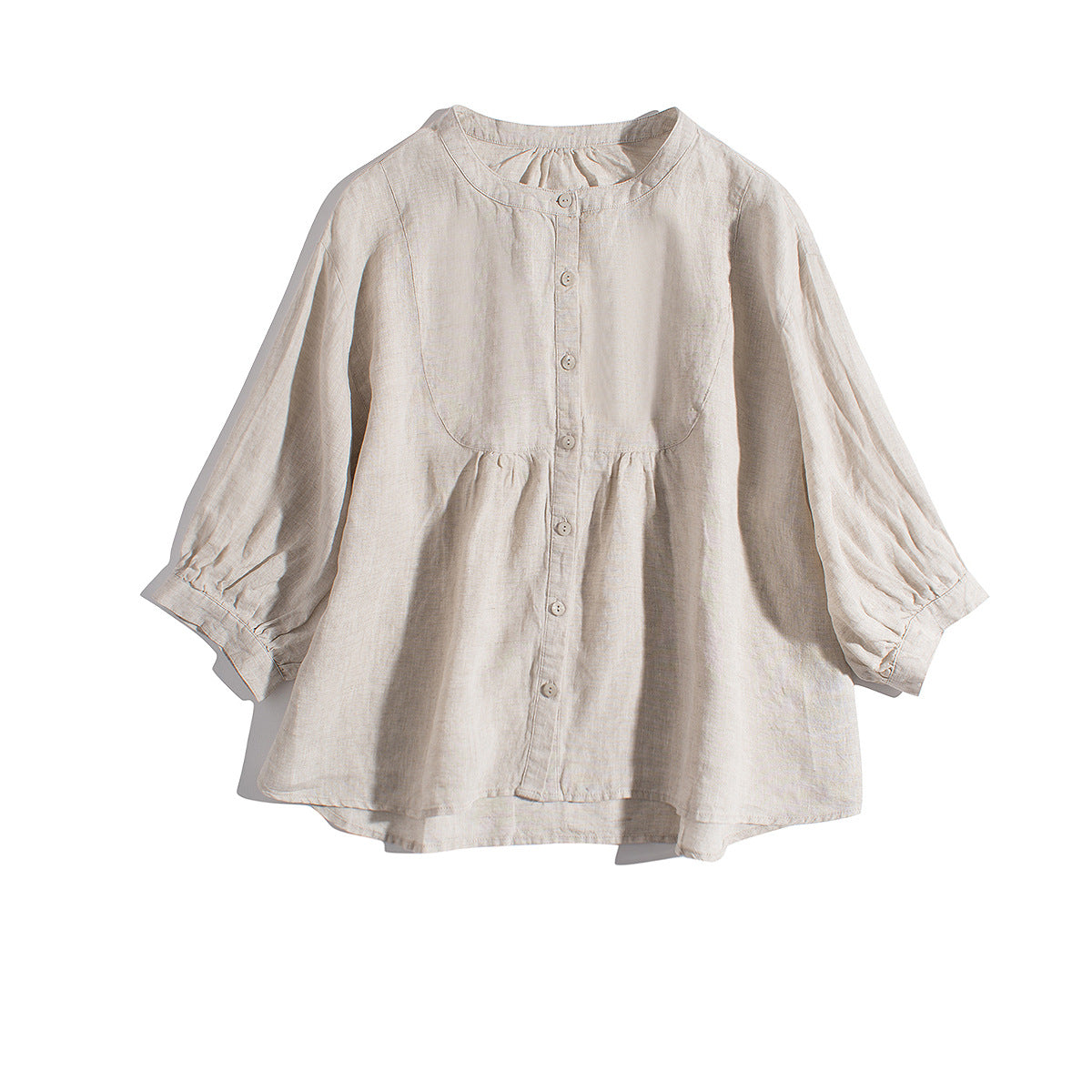 Button-Up Linen Blouse with Puff Sleeves CRLinen1216-002